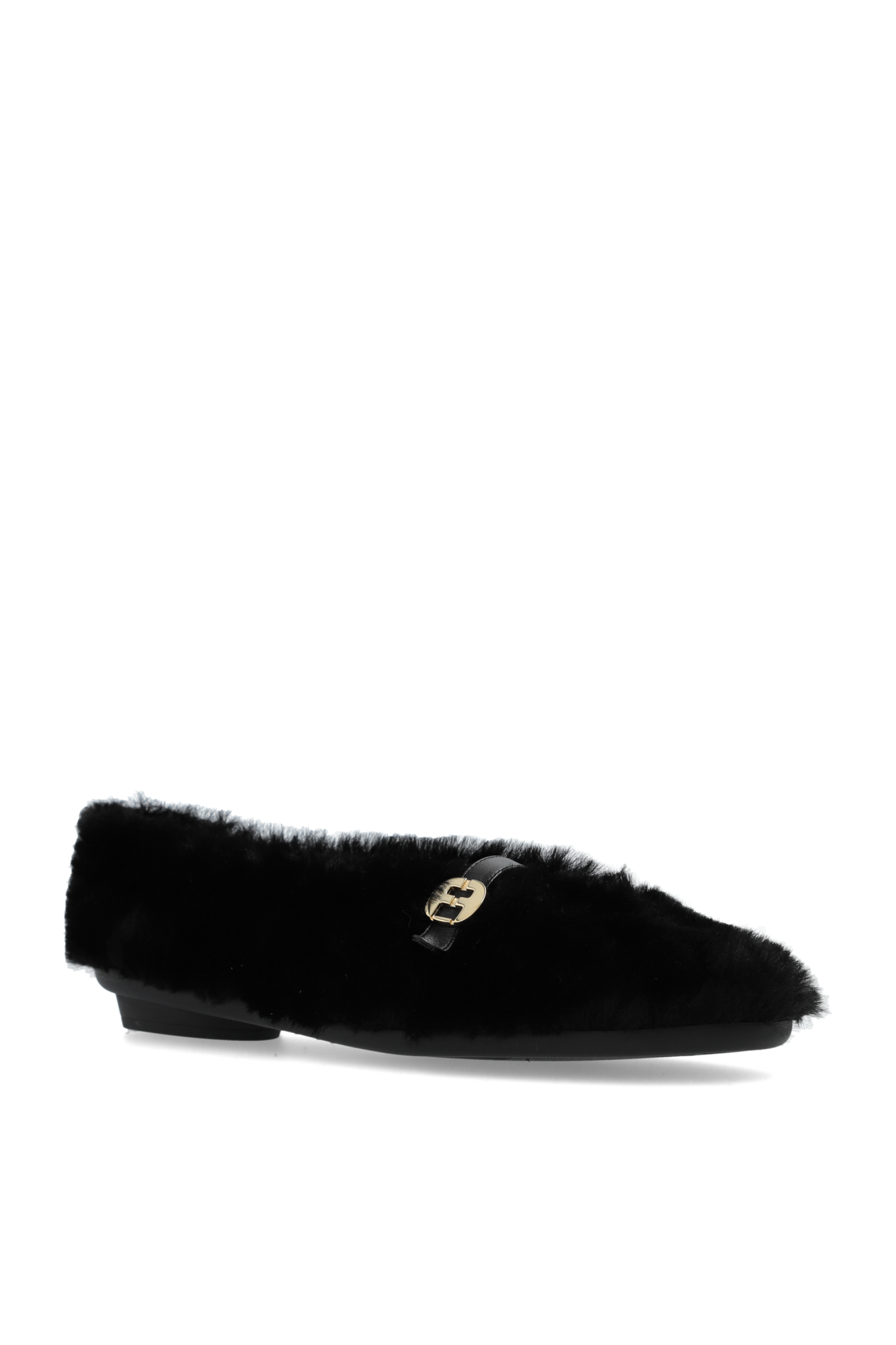バレエシューズ Salvatore Ferragamo Black Shearling Noella Ballerinas Ferragamo Noella Shearling Buckle Ballerina Flats | Neiman